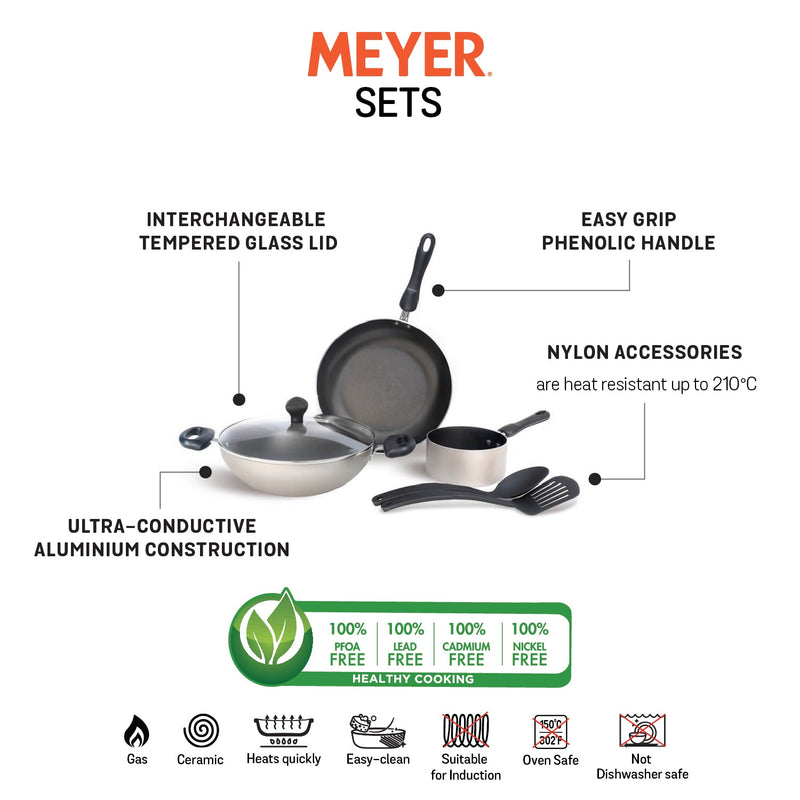 Meyer Non-Stick 6pcs Set (14cm Milkpan+26cm Frypan+26cm Kadai+Nylon Turner+Nylon Spoon)