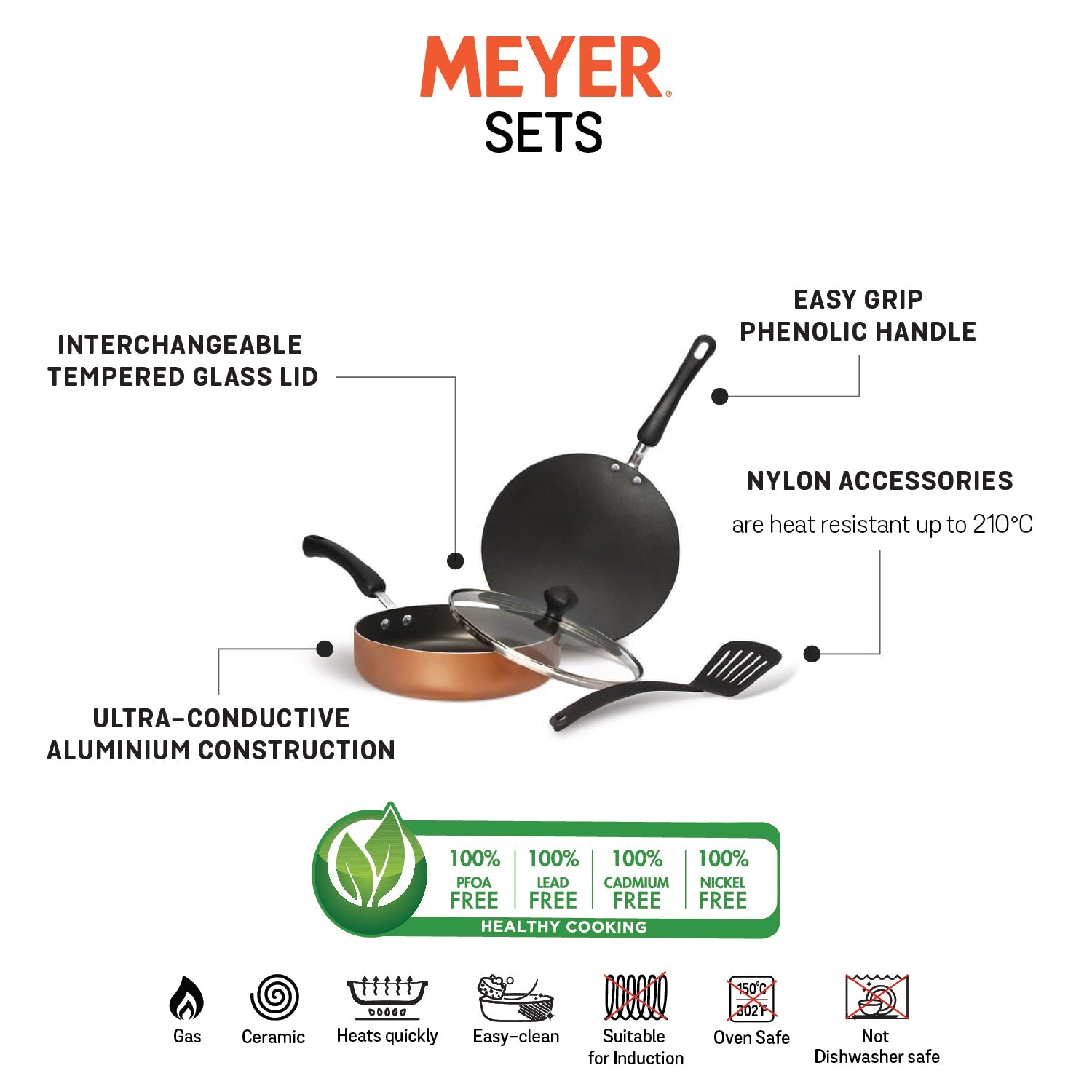 Meyer Non-Stick 4pcs Cookware Set (Sautepan + Curved Roti/Chappati Tawa + Nylon Turner)