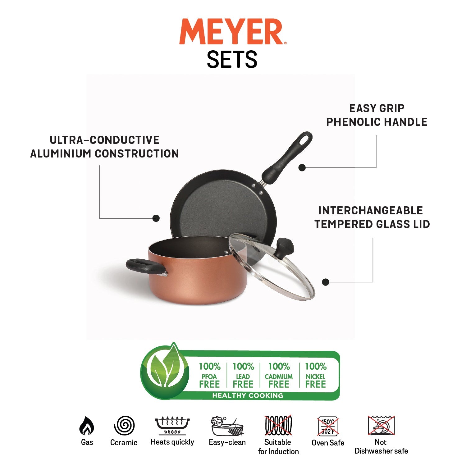 Meyer Non-Stick 3pcs Cookware Set (2.8L/20cm Casserole/Biryani Pot + 24cm Flat Dosa Tawa)