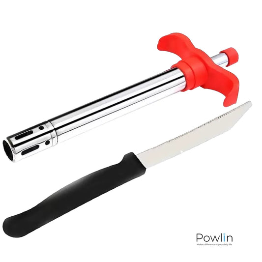 Powlin Infant Gas Lighter with Safety Knife | 17cm Chrome Metal Body, Red Handle | Multi-Purpose Kitchen Igniter for Gas Stove – Durable &amp; Safe