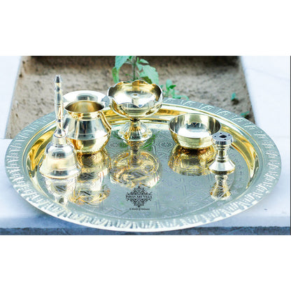 Brass Handmade Embossed Pooja Thali Set, Spiritual Item , 26.67 cm