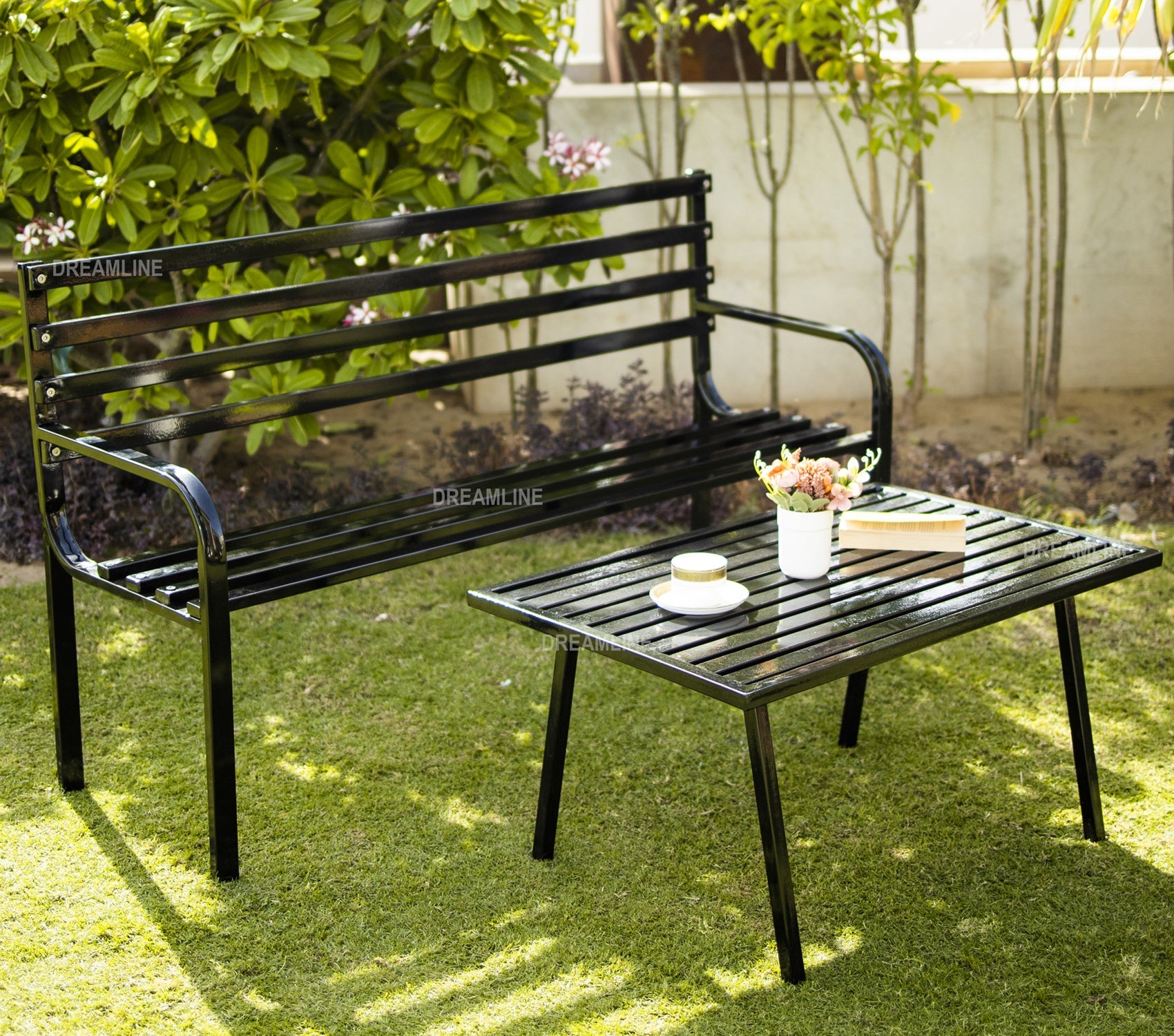 Boyle Metal 3 Seater and 1 Table Garden Bench for Outdoor Park - (Black)