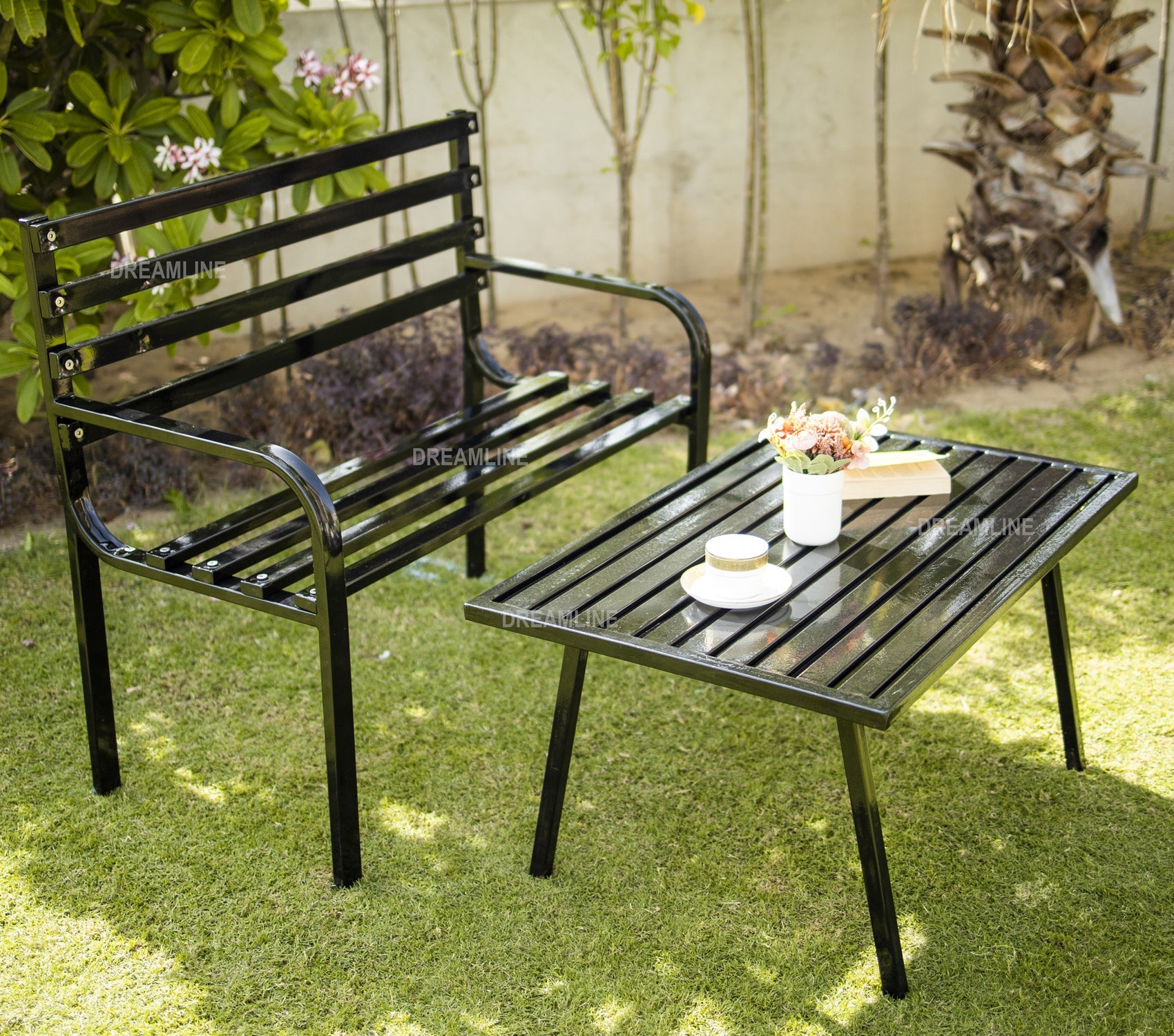 Carrillo Metal 2 Seater and 1 Table Garden Bench for Outdoor Park - (Black)