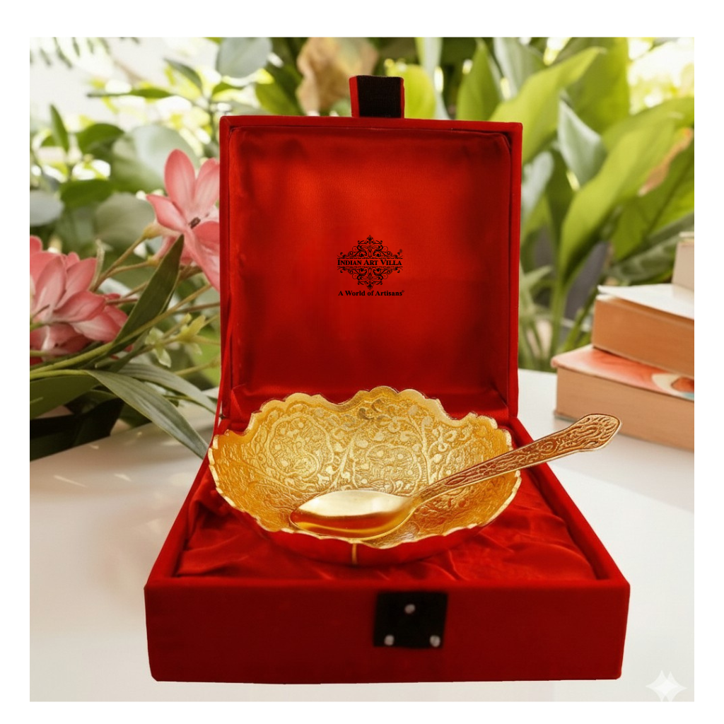Silver Plated Bowl with Gold Finish | Intricately Embossed Floral Design | Premium Gifting Set with Spoon & Velvet Box