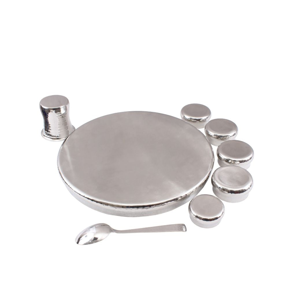 Steel 8 Piece Curved Thali Set (1 Thali  4 Bowl 1 Chutni 1 Curved Glass 1 Spoon)