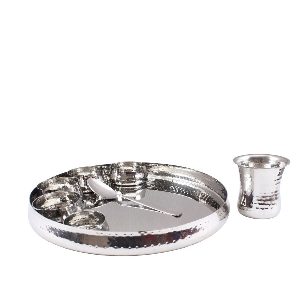 Steel 8 Piece Curved Thali Set (1 Thali  4 Bowl 1 Chutni 1 Curved Glass 1 Spoon)