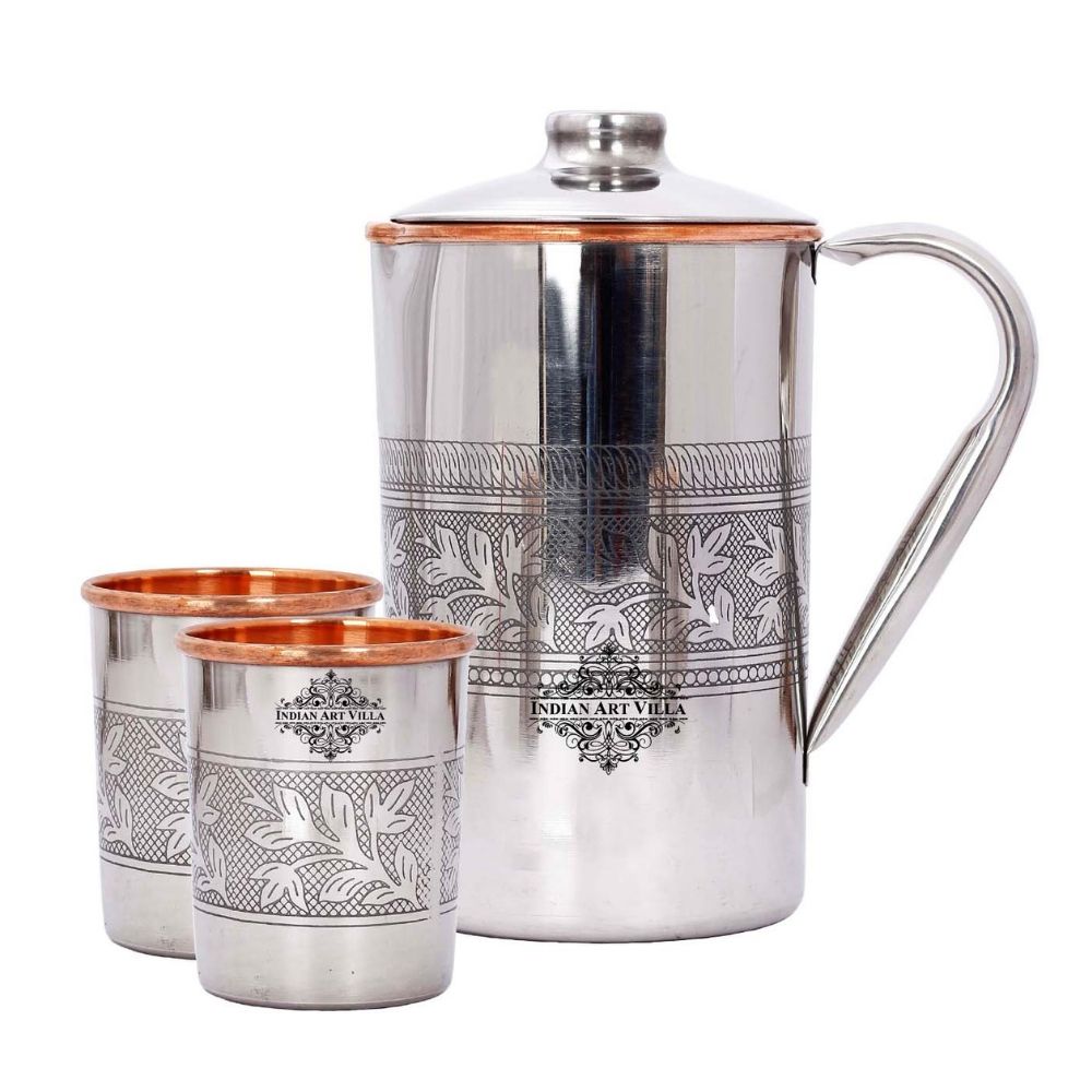 Handmade Pure Steel Copper Jug Pitcher With Glass Tumbler Gift Set