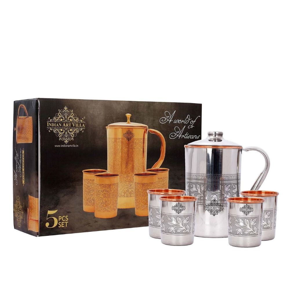 Handmade Pure Steel Copper Jug Pitcher With Glass Tumbler Gift Set