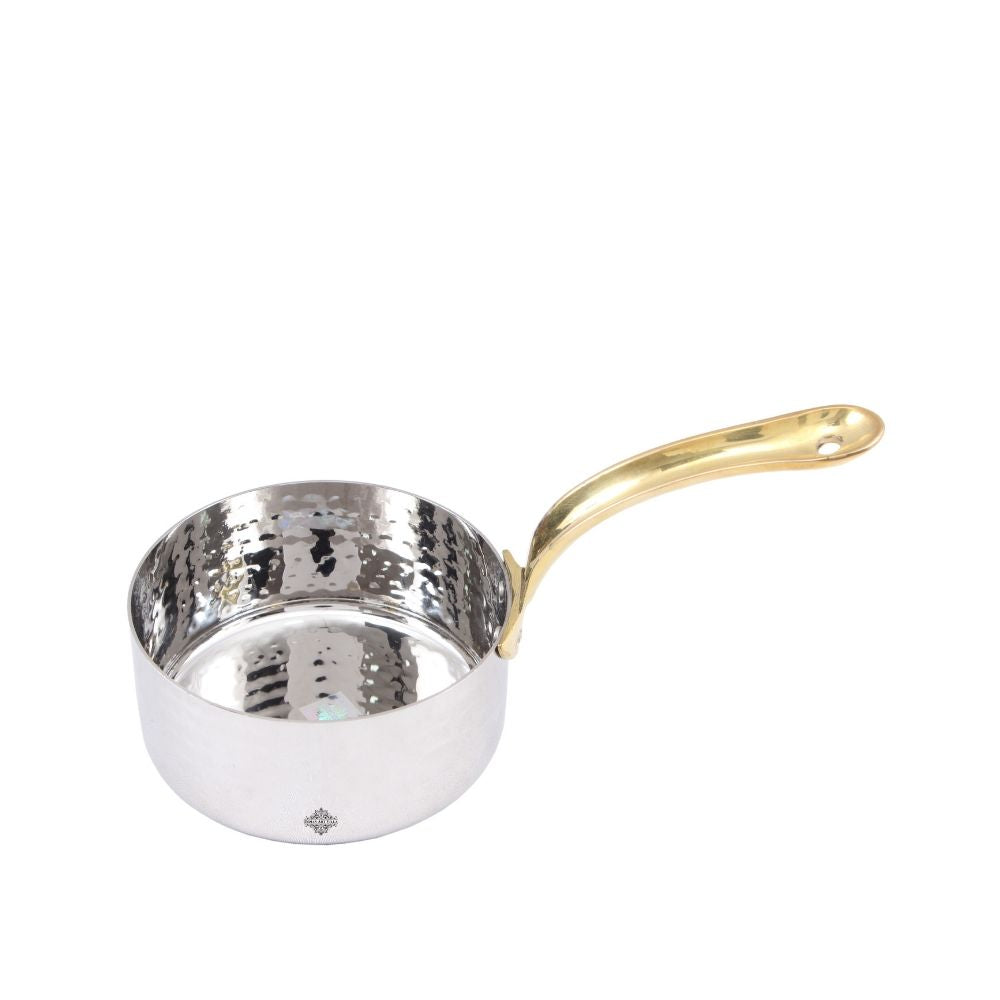 Handcrafted Pure Steel Hammered Design Curved Serving Fry Pan with Brass Handle