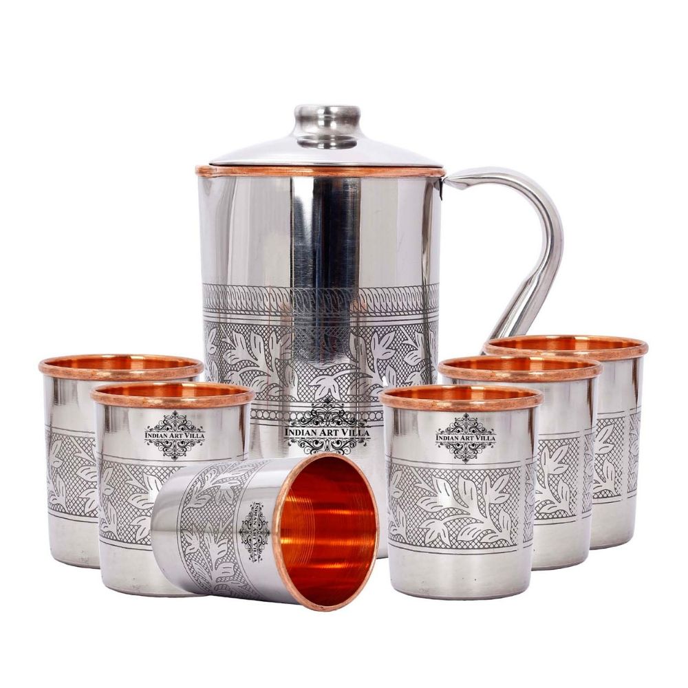 Handmade Pure Steel Copper Jug Pitcher With Glass Tumbler Gift Set