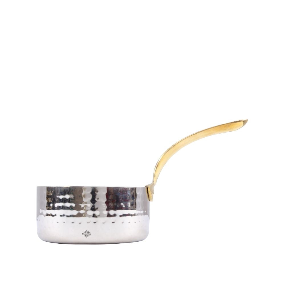 Handcrafted Pure Steel Hammered Design Curved Serving Fry Pan with Brass Handle