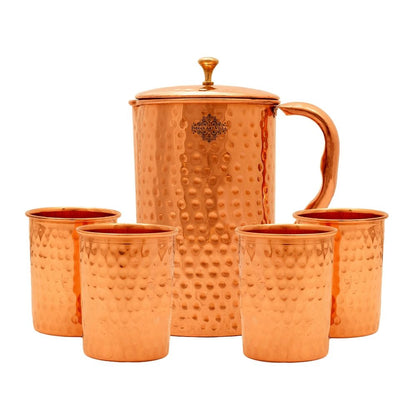 Handmade Pure Copper Hammered Design Jug & Glass with Box, Drinkware Gift Set