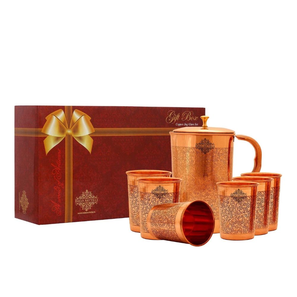 Handcrafted Pure Copper Embossed Design Jug with Glass & Box, Drinkware Gift Set