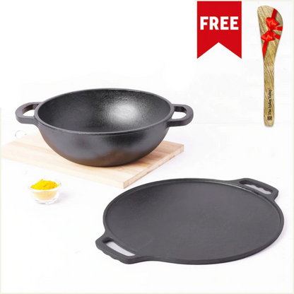 CASTrong Thick Cast Iron Kadai+Tawa+Free ₹110 Spatula,Kitchen set for Home, Pre-seasoned,100% Pure,Toxin-free