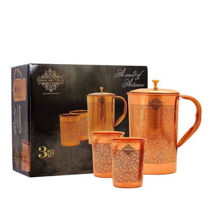 Handcrafted Pure Copper Embossed Design Jug with Glass & Box, Drinkware Gift Set