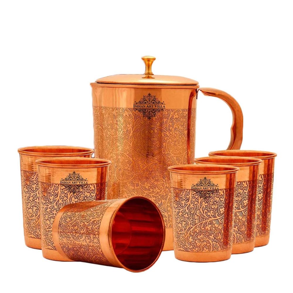 Handcrafted Pure Copper Embossed Design Jug with Glass & Box, Drinkware Gift Set