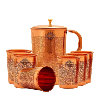 Handcrafted Pure Copper Embossed Design Jug with Glass & Box, Drinkware Gift Set