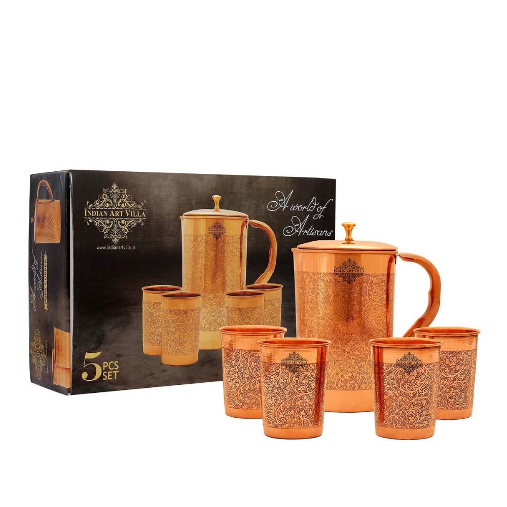 Handcrafted Pure Copper Embossed Design Jug with Glass & Box, Drinkware Gift Set