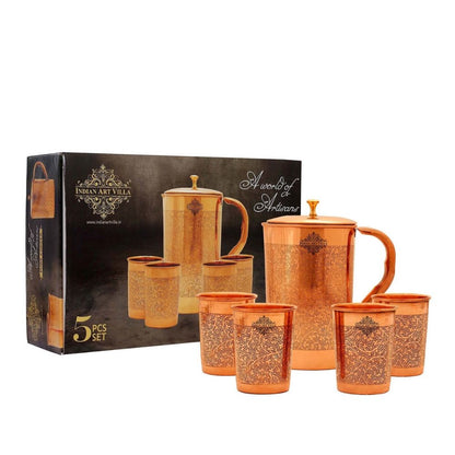 Handcrafted Pure Copper Embossed Design Jug with Glass & Box, Drinkware Gift Set