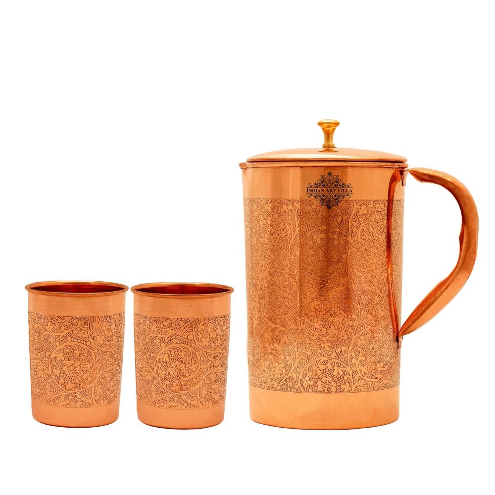 Handcrafted Pure Copper Embossed Design Jug with Glass & Box, Drinkware Gift Set