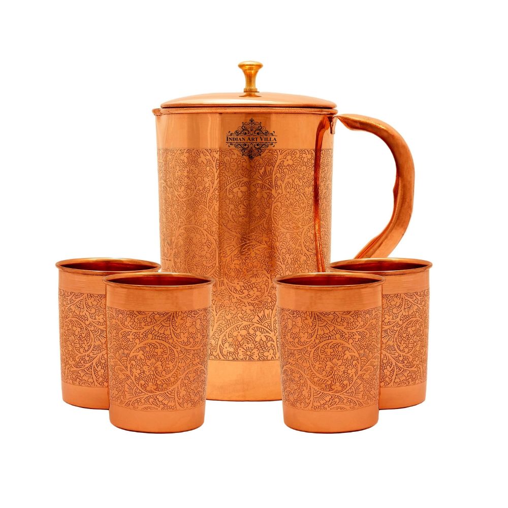 Handcrafted Pure Copper Embossed Design Jug with Glass & Box, Drinkware Gift Set