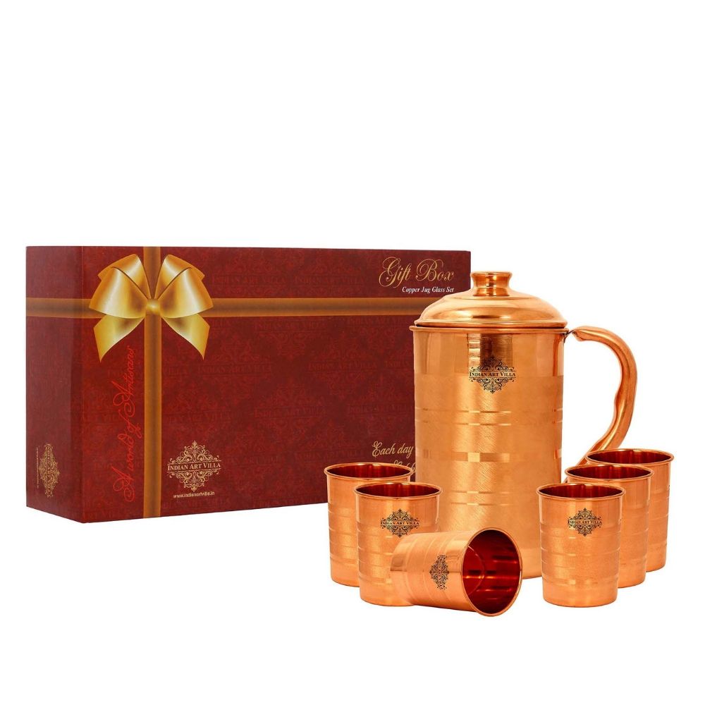 Handmade Pure Copper Luxury Design Jug with 2 Glass Drinkware Gift Set