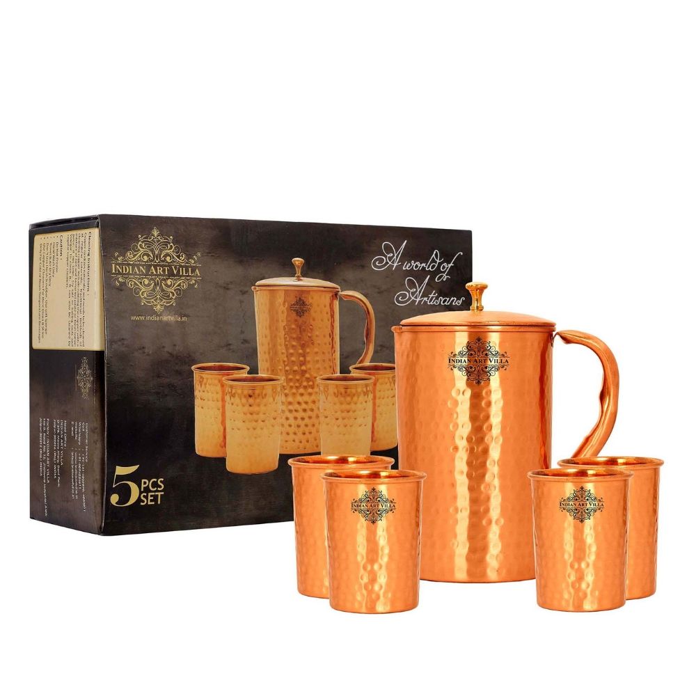 Handmade Pure Copper Hammered Lacquer Coated Jug & Glass with Box
