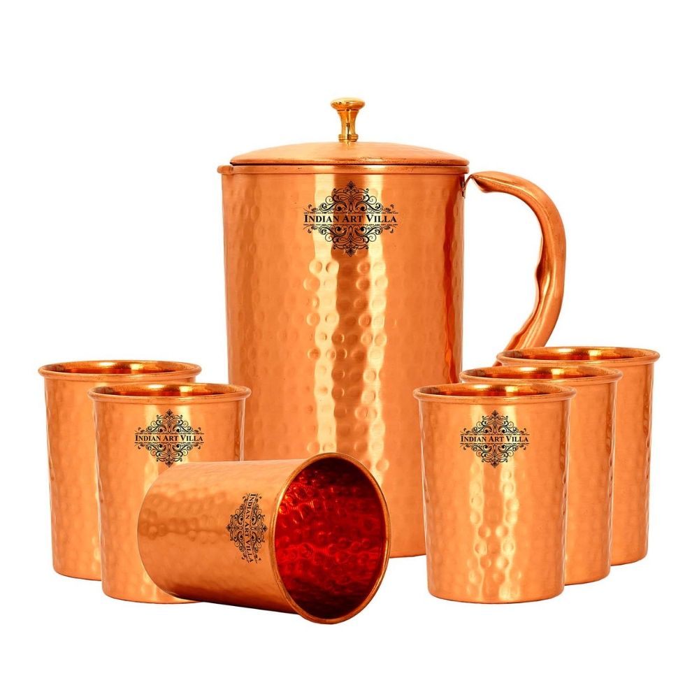 Handmade Pure Copper Hammered Lacquer Coated Jug & Glass with Box