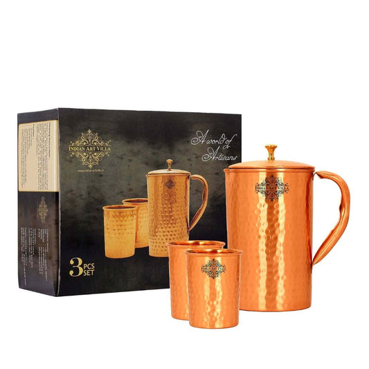 Handmade Pure Copper Hammered Lacquer Coated Jug & Glass with Box