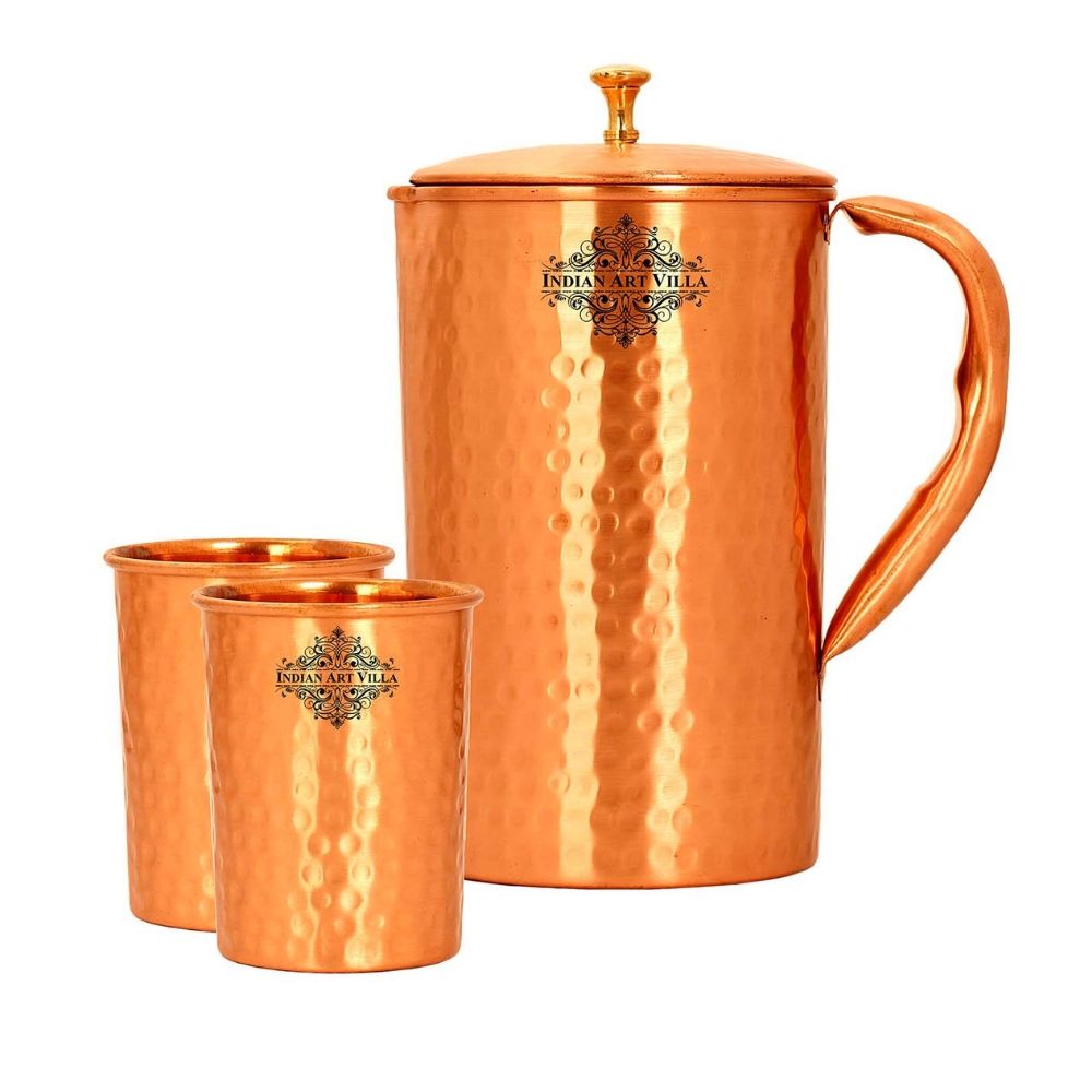 Handmade Pure Copper Hammered Lacquer Coated Jug & Glass with Box