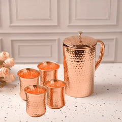 Copper Hammered Design Jug with Four Glass Set (8.8 Inch)