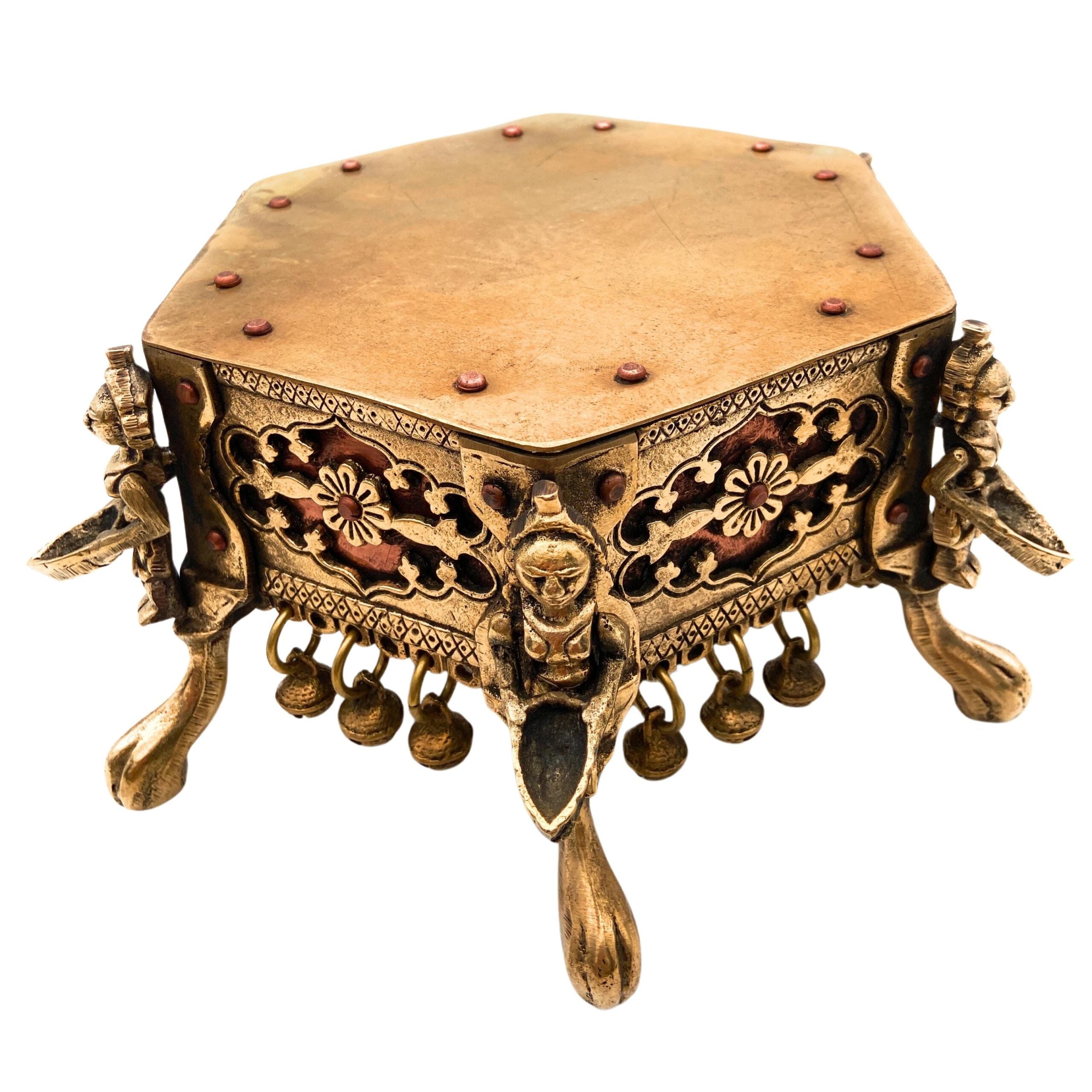 Brass Chowki Peetha, Peetal Bajot Pitala Peetha Pittal Puja Platform, Temple Devghar Chowki for Puja Mandir Home Decor,Gold, 5 Inch, 1 Piece
