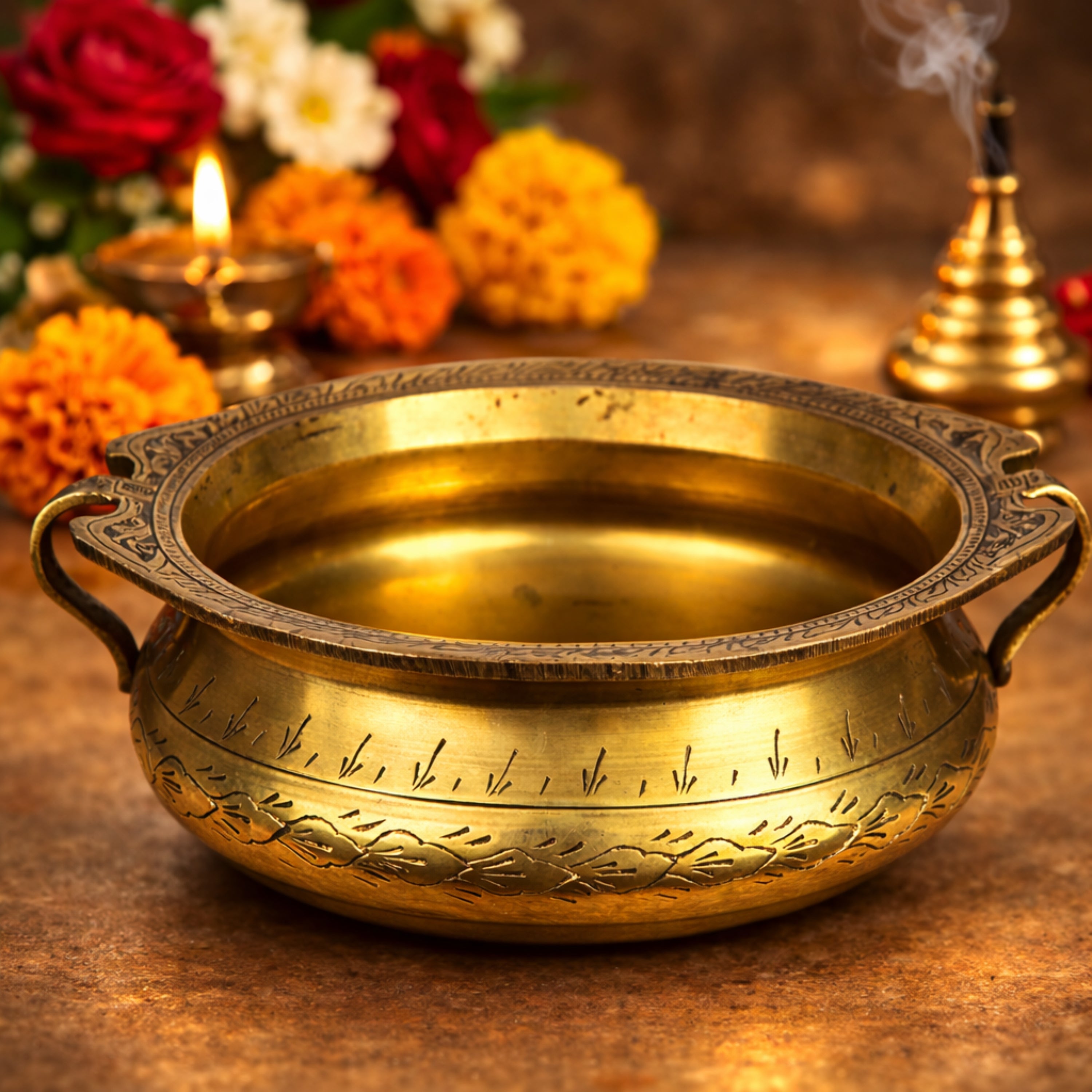 Bhunes Brass Hand Carved Urli for Temple, Decorative Vintage Flower Floating Bowl, Traditional Brass Urli for Puja, Ethnic Brass Water Vessel, Gold, 4 Inch, 1 Piece