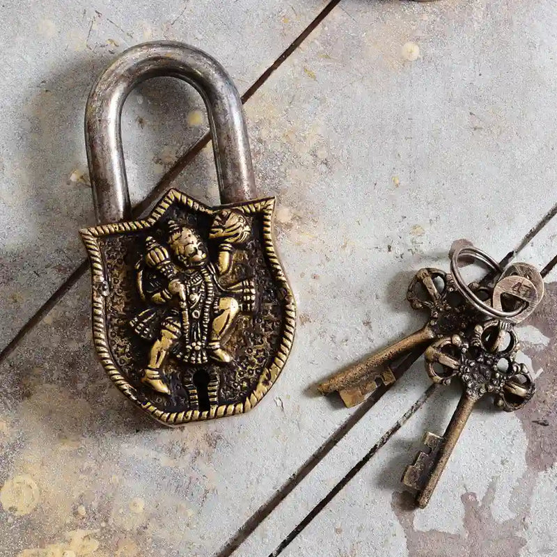 Brass Hanuman Door Lock With Three Brass Keys (4.5 Inch)