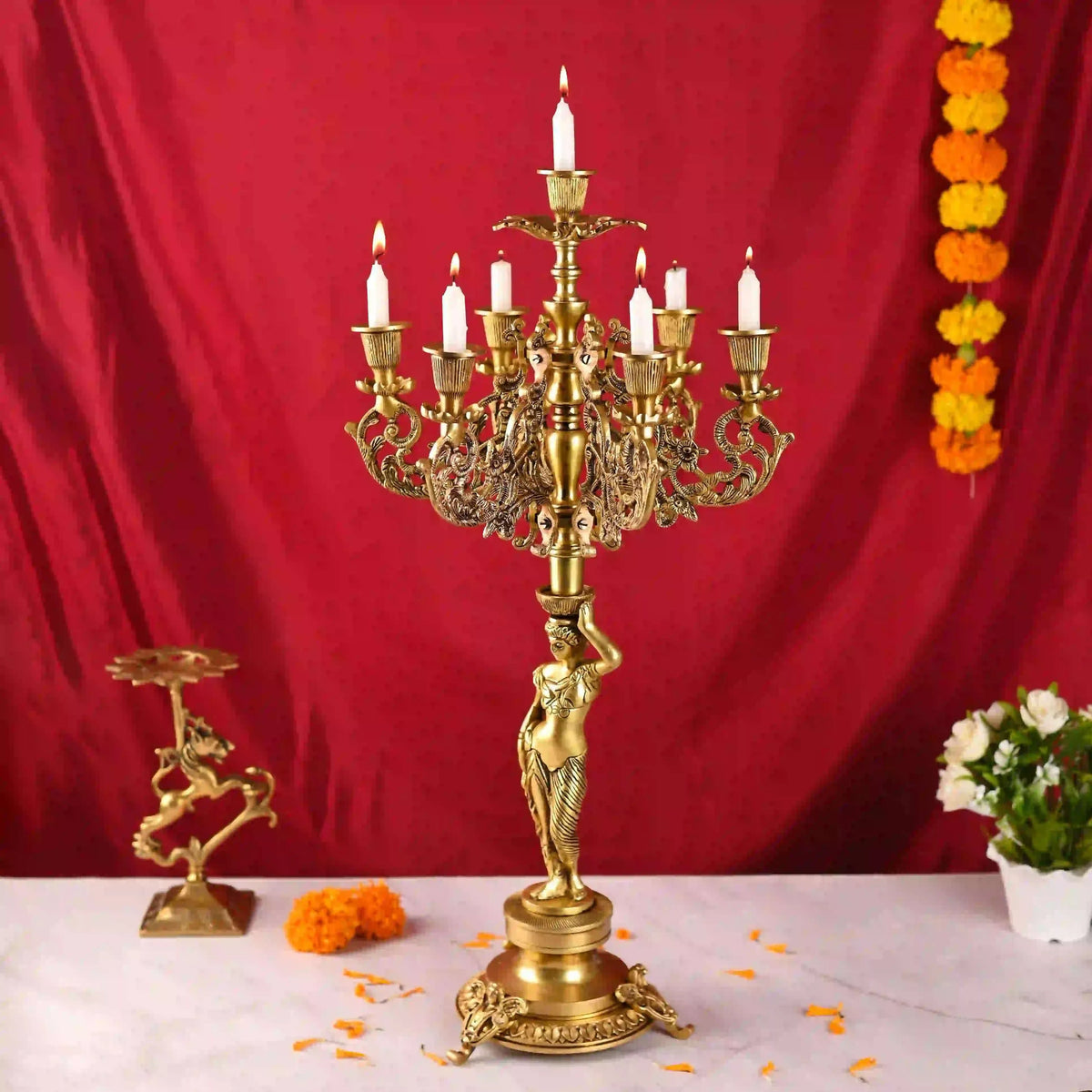 Brass Seven Petal Candle Holder Stand – Elegant Handmade Brass Decor (24.8 inches)