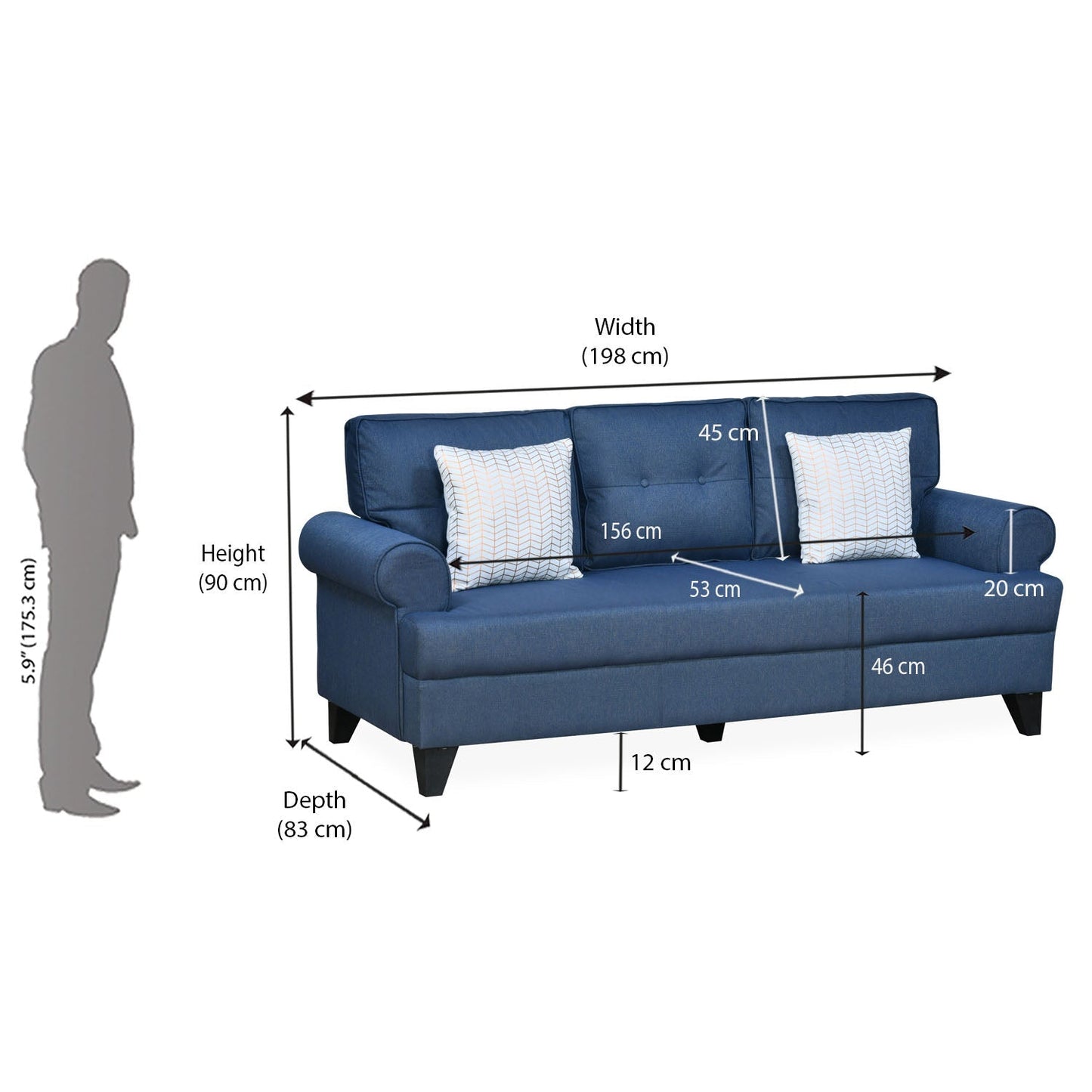 Nilkamal Velma 3 Seater Fabric Sofa with Cushion (Blue)