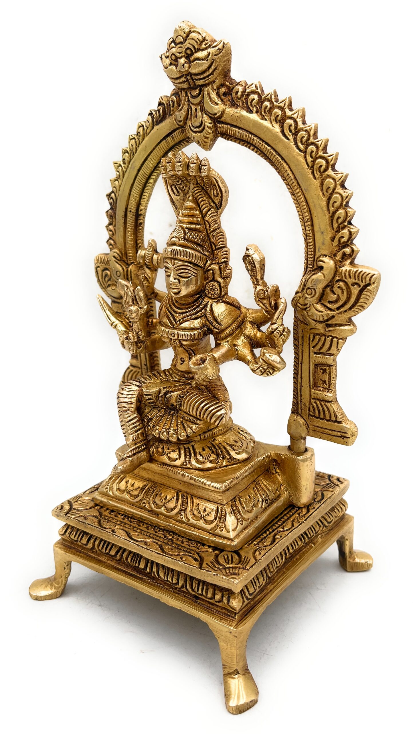 Handmade Brass Mariamman Idol, Mariyamma Devi Murti, Muthu Mariamman Statue, Samayapuram Amman Peetal Pital Vigraham for Puja Decor,Gold, 9 Inch, 1 Piece