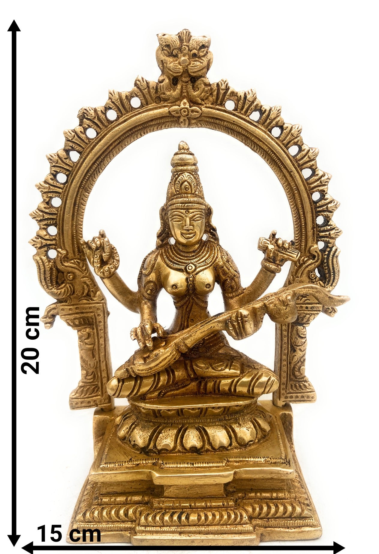 Brass Saraswati Idol, Handcrafted Sharada Vagdevi Bharati Statue, Veenapani Kalaimagal Vidyadayini Pital Murti for Pooja, Temple & Home Decor,Gold, 8 Inch, 1 Piece