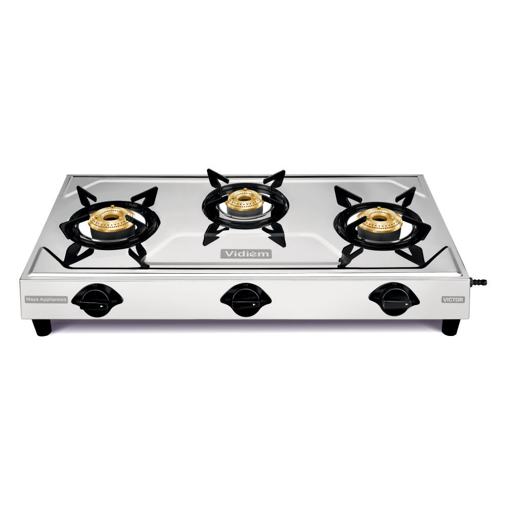Vidiem Victor Stainless Steel Gas Stove 3 Burner| Brass Burners | Mirror Finish | Large Cooking Space | Anti-Rust | High