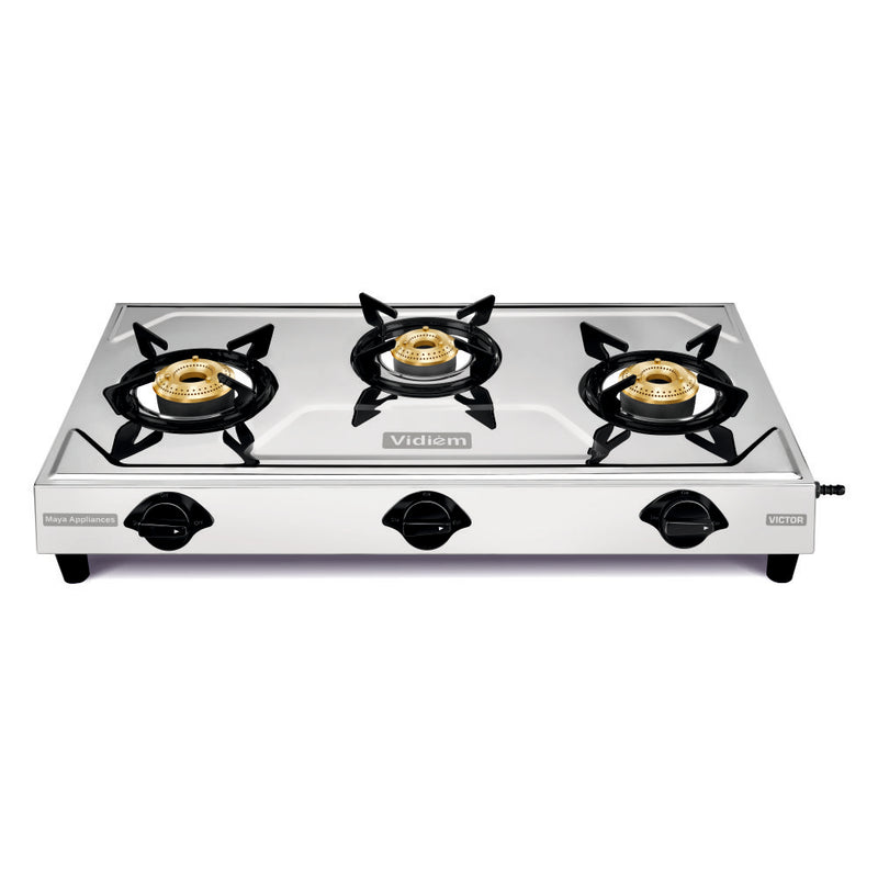 Vidiem Victor Stainless Steel Gas Stove 3 Burner| Brass Burners | Mirror Finish | Large Cooking Space | Anti-Rust | High