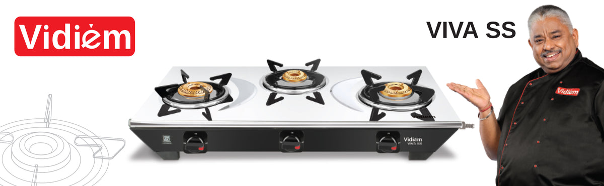 Vidiem Viva 3 Burner Gas Stove | Stainless Steel Body | Brass Burners – Jumbo, Medium & Small | Spacious Burner Placemen