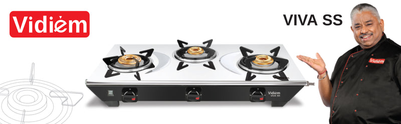 Vidiem Viva 3 Burner Gas Stove | Stainless Steel Body | Brass Burners – Jumbo, Medium & Small | Spacious Burner Placemen