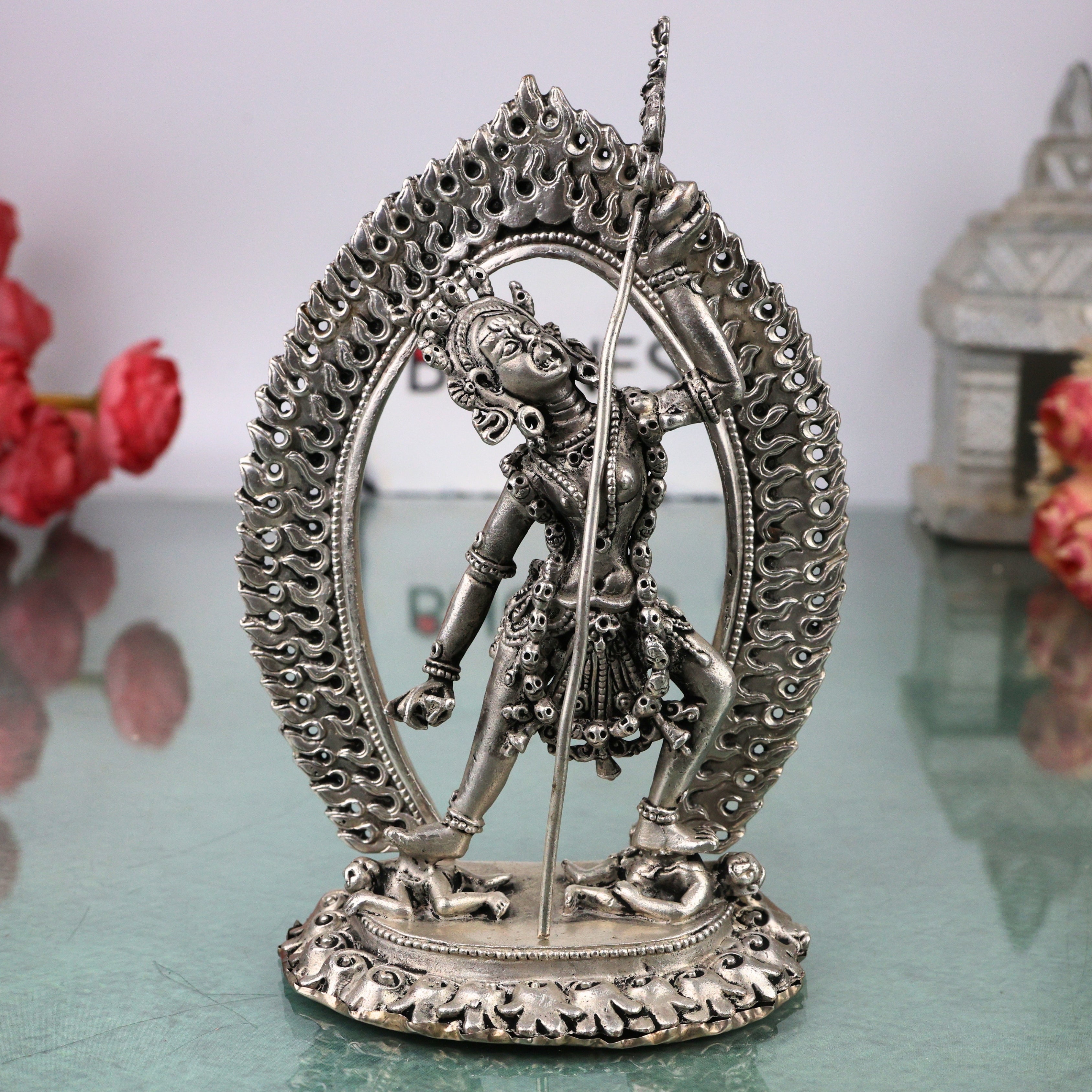 Brass Vajrayogini Idol Silver Coated, Vajra Yogini Devi Dakini Goddess Murti, Tantric Vajrayogini Shakti Statue for Home Pooja, Meditation, Spiritual Decor & Gift, Silver, 5.5 Inch, 1 Piece