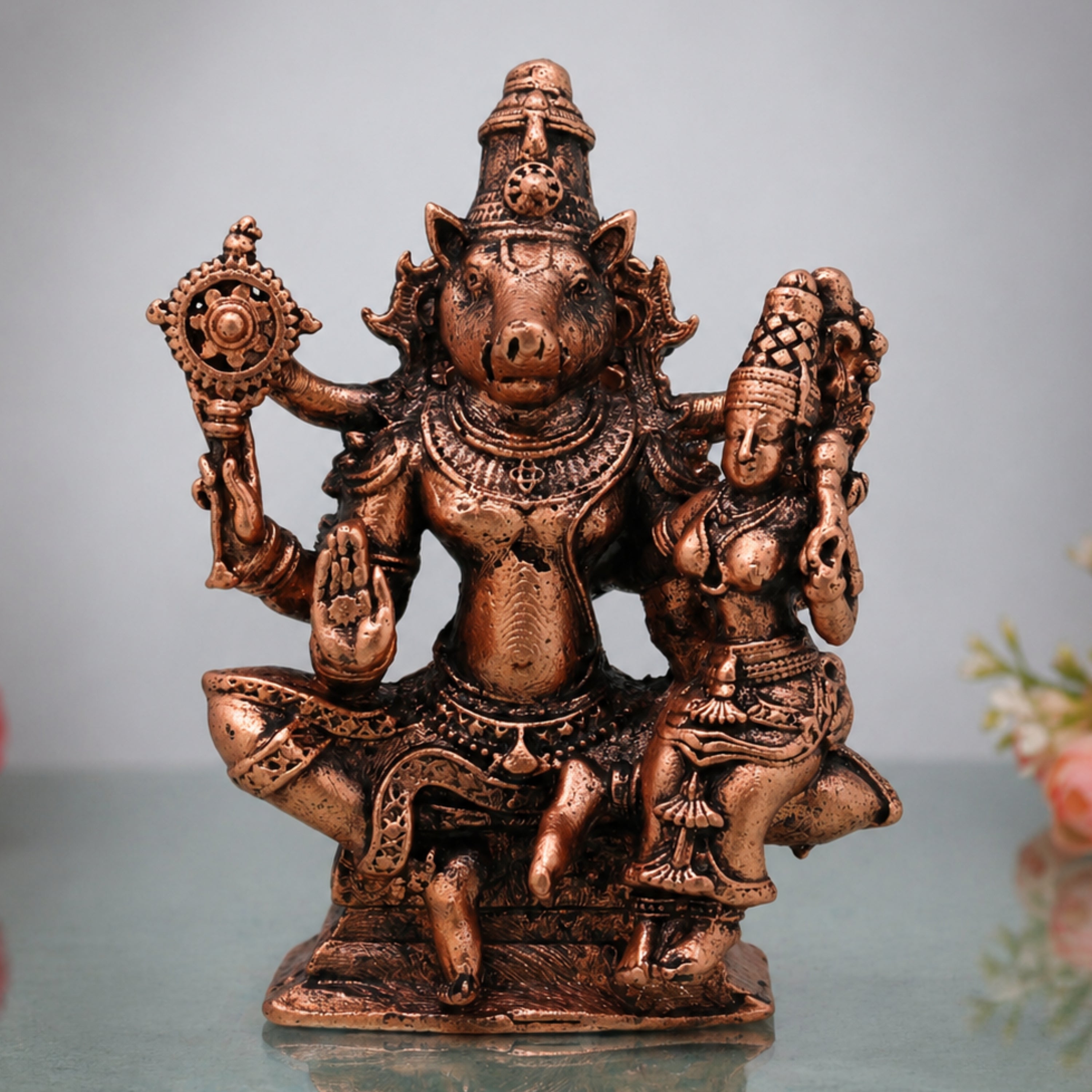 Copper Varaha Lakshmi Devi Ammavaru Talli Murti Idol Tamra Vigraham Puja Mandir Decor Statue , Brown, 2.5 Inch, 1 Piece