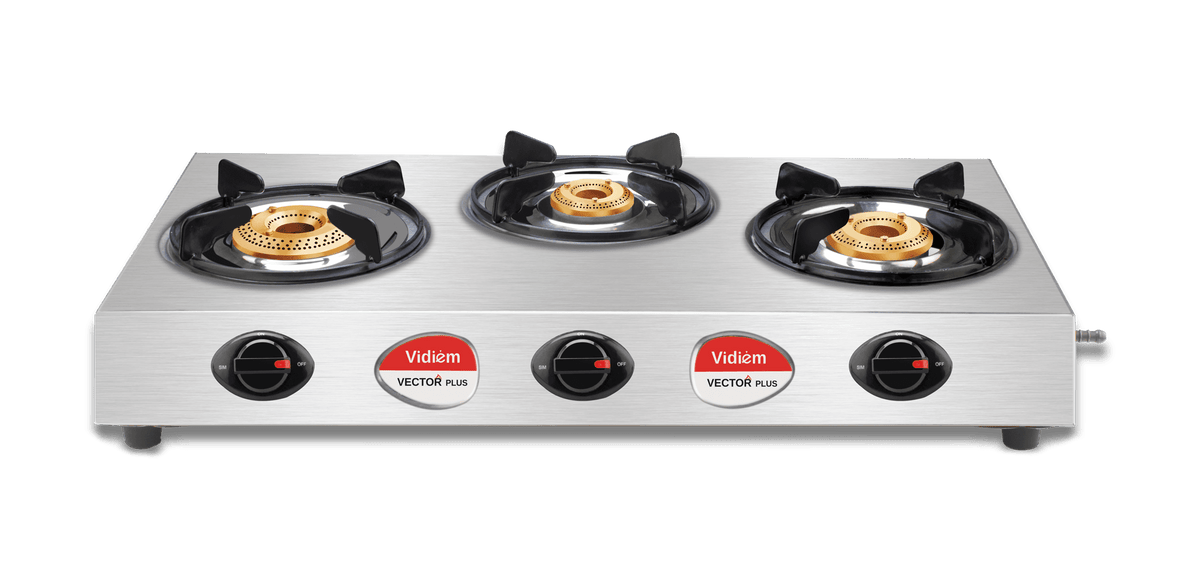 Vidiem Gas Stove S3 195 A Vector Plus (Silver) | 3 Burner Gas Stove Stainless Steel | ISI Certified | Manual Ignition | 