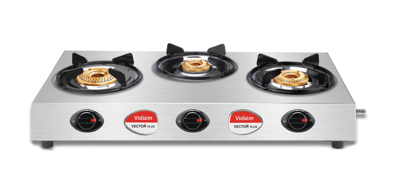 Vidiem Gas Stove S3 195 A Vector Plus (Silver) | 3 Burner Gas Stove Stainless Steel | ISI Certified | Manual Ignition | 