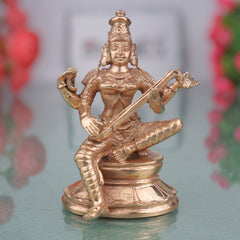 Bronze Saraswati Idol Veena Vadini Sharada Vagdevi Murti Panchaloha Style Statue for Home Temple Decor, Gold, 3.5 Inch, 1 Piece