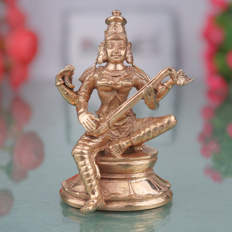 Bronze Saraswati Idol Veena Vadini Sharada Vagdevi Murti Panchaloha Style Statue for Home Temple Decor, Gold, 3.5 Inch, 1 Piece