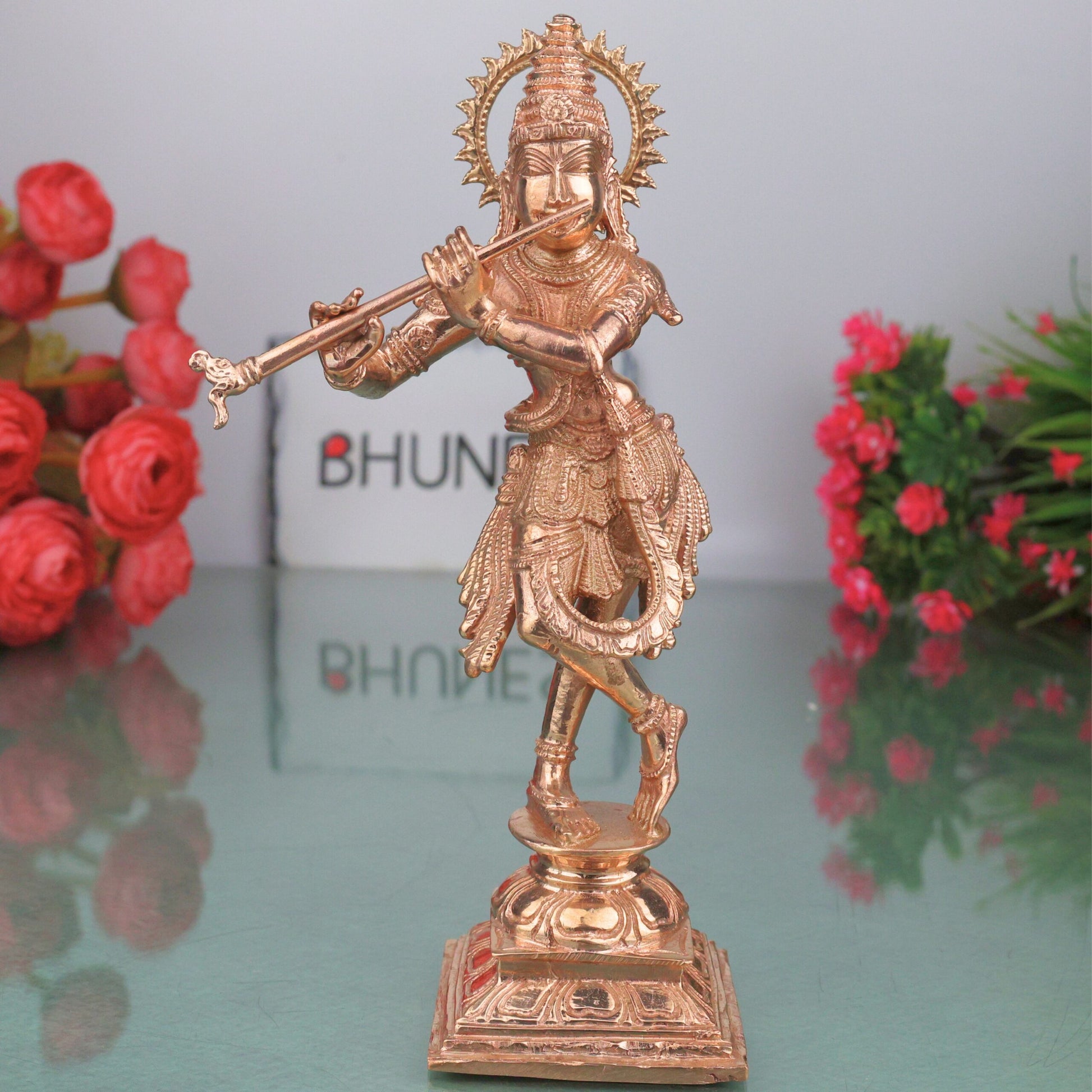Bronze Shri Krishna Idol, Venugopala Govinda Gopal Murti Chola Art Handmade Temple Vigraha for Home Pooja Decor, Gold, 8 Inch, 1 Piece