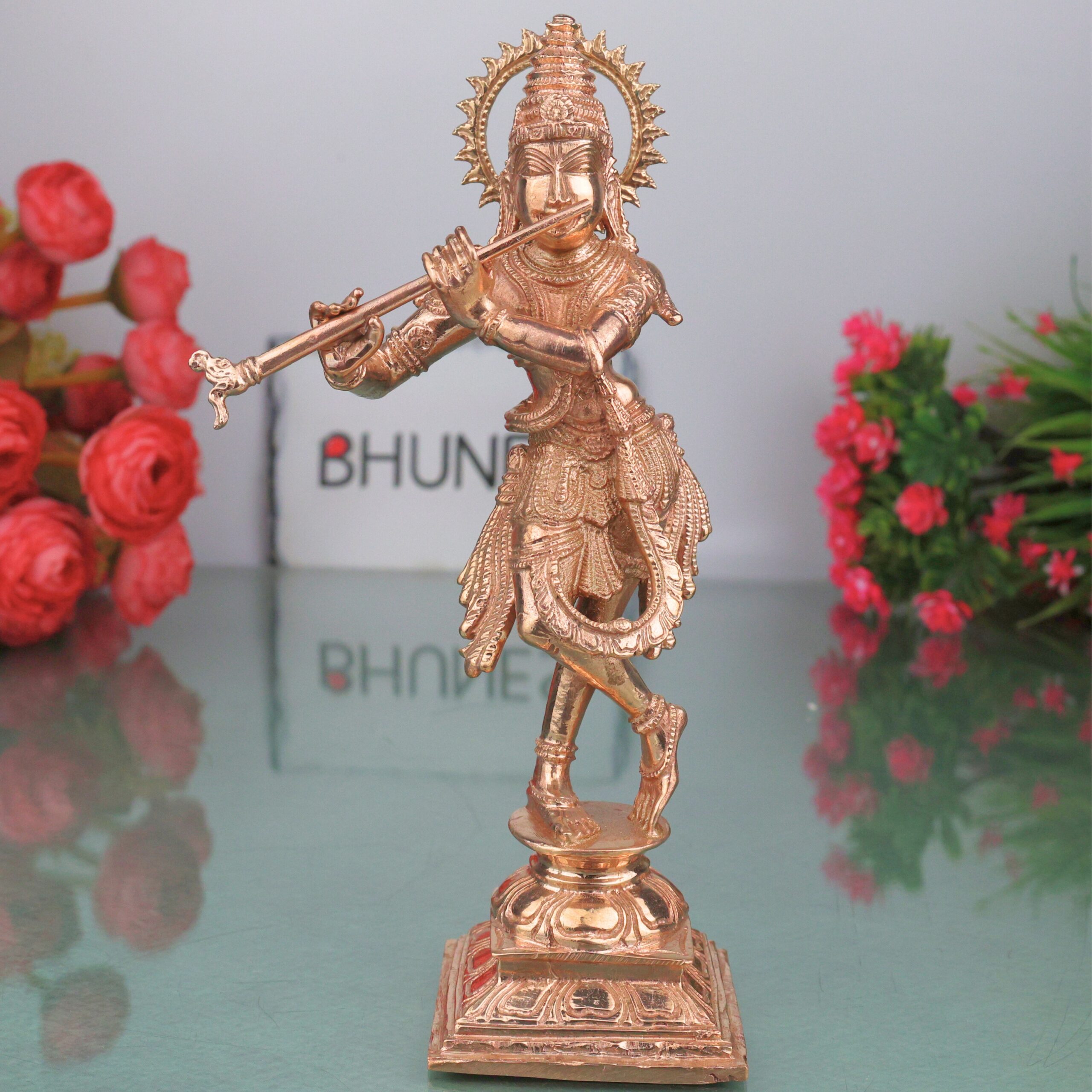 Bronze Shri Krishna Idol, Venugopala Govinda Gopal Murti Chola Art Handmade Temple Vigraha for Home Pooja Decor, Gold, 8 Inch, 1 Piece